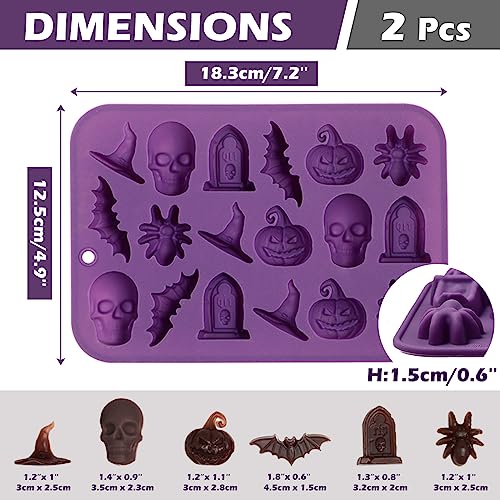 Webake Halloween Candy Chocolate Molds 3D, 18-Cavity Halloween Silicone Molds Shaped with Skull Pumpkin Witch Hat Bat Spider Tombstone for Baking Chocolate Jelly Gummy Dessert (2 PACK) - style: Halloween