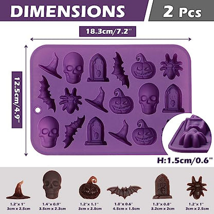 Webake Halloween Candy Chocolate Molds 3D, 18-Cavity Halloween Silicone Molds Shaped with Skull Pumpkin Witch Hat Bat Spider Tombstone for Baking Chocolate Jelly Gummy Dessert (2 PACK) - style: Halloween