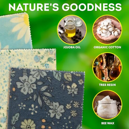 Pack of 3 Food Wraps with Flower Print. Washable Reusable Food Wrap for Sandwiches, Dough Covering. Organic Wraps for Food Reusable