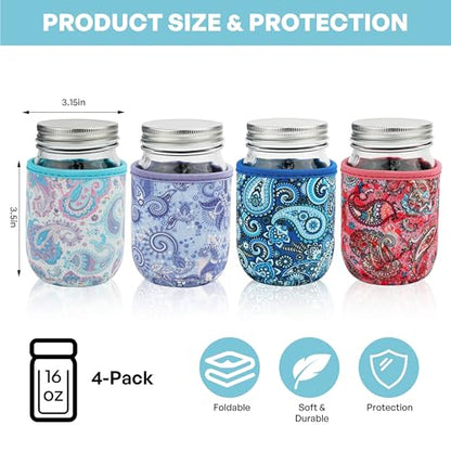 KJQJLY 4 Pcs Mason Jars Sleeves Neoprene 16oz Regular and Wide Mouth Mason Jar Sleeves Holder with Handle (Paisley, 16 OZ) - color: Paisley, size: 16 OZ