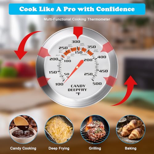 Stainless Steel Candy Thermometer with Pot Clip Deep Fry Oil Thermometer with 9" Long Probe & 2" Dial Accurate Temperature Reading for Cooking Candy Sugar Jelly Syrup Deep Frying Thermometer