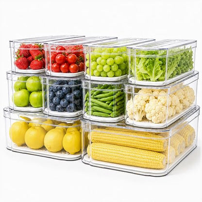 SMRCAD 10 Pack Clear Fridge Organizer Bins with Drain Trays - Stackable | BPA-Free PET, 10 Pack: 10 lidded Bins (Not drawer), Helps Keep Produce Fresh, 17.4L Capacity, Hand Wash Only - size: 10 Bins (No Pull-out Drawer)