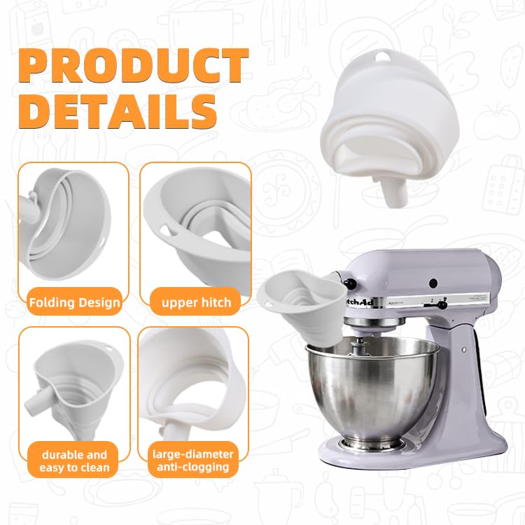 Flour Funnel for Kitchen Aid&Cream Scraper Set, Silicone Food-Grade | Stand Mixer | Leak-Proof Large Capacity Collapsible Design (White, Extended * 2 + Cream Scraper Set) - color: White, size: Extended * 2 + cream scraper set