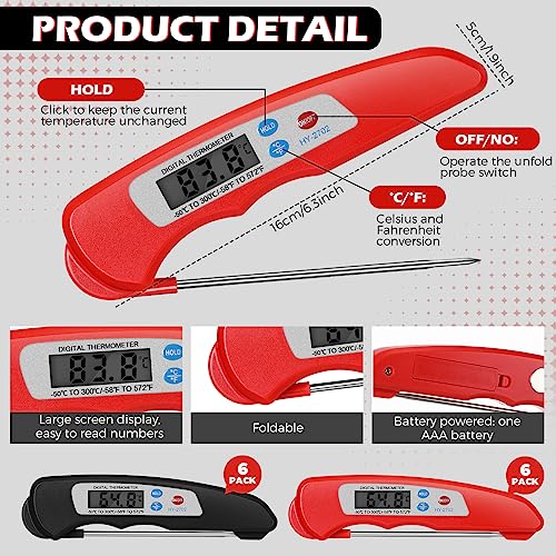 Xuhal 12 Pcs Digital Meat Thermometer with Probe Waterproof Instant Read Foldable Food Thermometer with Magnet for Kitchen Grilling Cooking Turkey Baking BBQ(Black, Red) - color: Black, Red