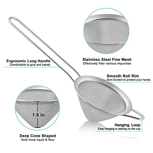 TeamFar Fine Mesh Strainer, 3.3’’ Stainless Steel Tea Strainer-Silver, 1PC | Bar Strainer Small Mesh Conical Cone for Cocktail Coffee Juice, Healthy & Dishwasher Safe, Long Handle & Hanging Loop