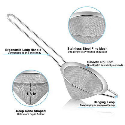 TeamFar Fine Mesh Strainer, 3.3’’ Stainless Steel Tea Strainer-Silver, 1PC | Bar Strainer Small Mesh Conical Cone for Cocktail Coffee Juice, Healthy & Dishwasher Safe, Long Handle & Hanging Loop