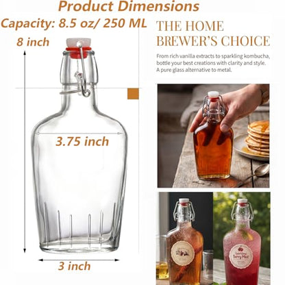 TOPZEA Set of 8 Swing Top Glass Flask, 8.5 Oz Clear Glass Hip Whiskey Flask Pocket Drinking Flasks with Airtight Stopper, Easy Cap Liquor Bottle for Spirits, Beer, 2nd Fermentation Brewing Bottle