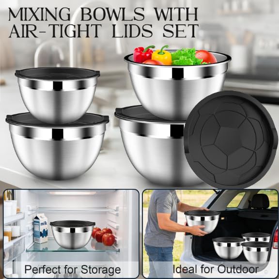 DUTZUN Mixing Bowls with Lids Set, Stainless Steel Mixing Bowls with Colander, Strainer with Mixing Bowl Set, Serving Bowl Kitchen Gift, Size 4.5, 2.5, 2, 1.5QT - Black - style: 9PCS Black