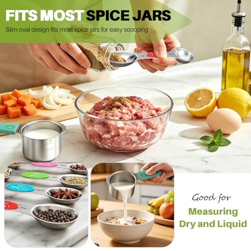 Magnetic Measuring Cups & Spoons Set, Strong N52 Magnets, Heavy Duty 304 Stainless Steel, Dual-Sided Design Fits Spice Jars, Easy-to-Read Markings, 16-Piece Set with Leveler for Baking & Cooking