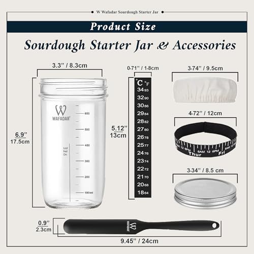 Upgraded Sourdough Starter Jar Kit –24 oz Glass Jar with Date Marked Feeding Band, Thermometer, Scraper, Cleaning Brush & Measuring Cups, Complete Bread Baking Supplies