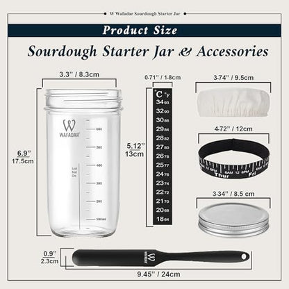 Upgraded Sourdough Starter Jar Kit –24 oz Glass Jar with Date Marked Feeding Band, Thermometer, Scraper, Cleaning Brush & Measuring Cups, Complete Bread Baking Supplies
