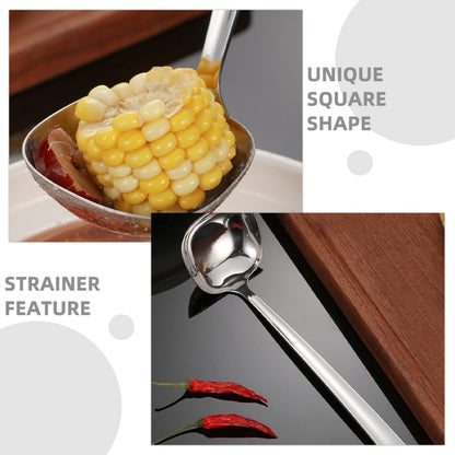 Kichvoe Square Stainless Steel Soup Ladle with Hanging Corrosion Resistant Cooking Spoon for Stirring and Serving Soups Hot Pot and Stews in Home Professional Kitchens