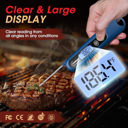 Digital Meat Thermometer - 2S Instant Read Food Thermometer with Backlight, Foldable Probe for Turkey BBQ Grill Smoker Candy, Essential Kitchen Cooking Gadget (Blue) - color: Navy Blue
