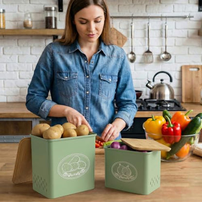 Lifewit Onion and Potato Storage Bin with Aerating Holes and Lid, Stackable Garlic Keeper, Plastic Vegetable Container Box for Kitchen, Green, Set of 2 - color: Green