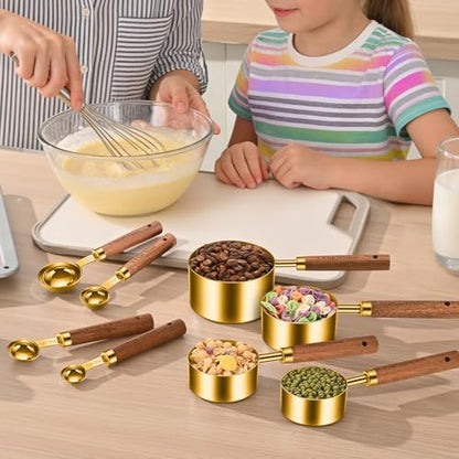 Wooden Handle Measuring Cups & Spoons Set 8-Piece – Stainless Steel, Stackable, Rustic Farmhouse Kitchen Gadgets, Non-Toxic, Dishwasher Safe, Gift for Bakers & New Homeowners - size: Gold-wood handle
