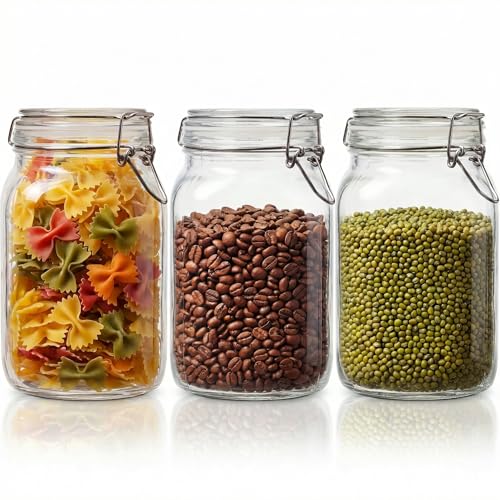HomArtist Square Glass Jars with Airtight Lid Set of 3, 50 floz Wide Mouth Mason Jars with Clamp Lids,Glass Sealed Jars with Air Tight Lids, Best for Kitchen & Pantry Food Storage - color: Square-50OZ Set-3 Pack