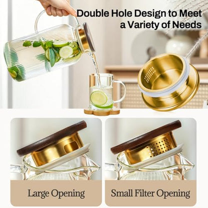 Buaic 2 PACK Glass Pitcher with Lid and Widened Handle, 68oz/ 2 Liter Classic Vertical Stripes Water Pitcher with Wooden Lids,Glass Water Carafe for Cold Brew, Coffee,Iced Sun Tea,Beverage,Hot/Cold - color: Clear, size: 2L-Wooden Lids