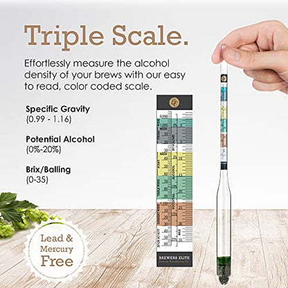 Brewer's Elite Hydrometer - for Home Brew Beer, Wine, Mead and Kombucha - Deluxe Triple Scale Set, Hardcase and Cloth - Specific Gravity ABV Tester (Hydrometer & Glass Test Jar Kit) - size: Hydrometer & Glass Test Jar Kit
