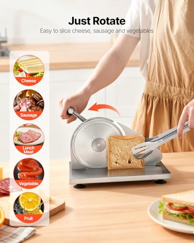 VEVOR Manual Bread Slicer, 0-0.6" Adjustable Thickness Cheese Cutter, Hand Cranked Slicer for Homemade Bread - with Serrated Stainless Steel Blade for Kitchen, Restaurant, Bakery, Party - size: 12.2 x 10.04 x 7.48 in