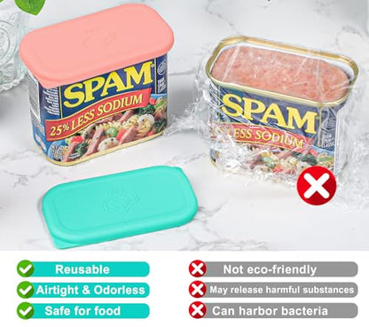 Silicone Can Lids for SPAM Canned Meat 12 oz, LFGB Platinum Silicone Can Covers for Food Storage, Freezer Dishwasher Safe, Set of 2 - color: pink green