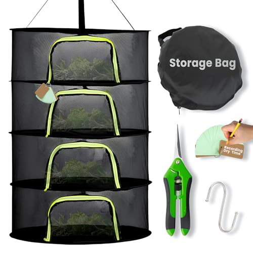 4 Layer 24" Herb Drying Rack Hanging with Garden Pruning Shears, Large Zipper, Hook & Notepad, Foldable Drying Rack for Herbs, Spices & Seasonings, Hanging Herb Dryer Indoor Outdoor - size: 40*24 INCH