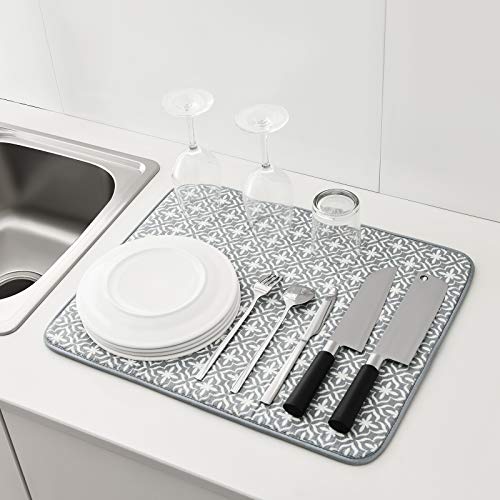 SUBEKYU Dish Drying Mats for Kitchen Counter, Microfiber Absorbent Dish Drainer/Rack Pads for Sink, 19.5*15.8 inch, Set of 2, Grey, leaf - color: Leaf Gray 2P 19.5*15.8