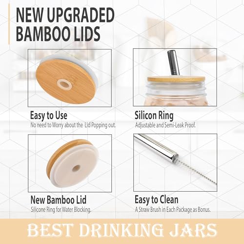 MEM WORLDSHOP Wide Mouth Mason Jars 32 oz - (2 Pack) - Wide Mouth 32-Ounces Quart Mason Jars with Reusable M.E.M Bamboo Lids & Stainless Steel Straws - For Smoothies, Milk Shakes, Iced Coffee, Tea
