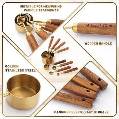 Premium Stainless Steel Measuring Cups and Spoons Set with Wood Handle | 8-Pieces Kitchen Essentials for Baking, Cooking, Coffee with Ergonomic Grip & Engraved Markings (Gold8) - color: Gold8