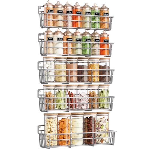 Mystozer 5 Pack Spice Rack Seasoning Organizer Wall Mount, Screw or Adhesive Hanging Shelf Basket Spice Organizer Pantry Organizers Shelf for Kitchen Spice Organization for Cabinet (Silver) - color: Silver, size: 5 Pack