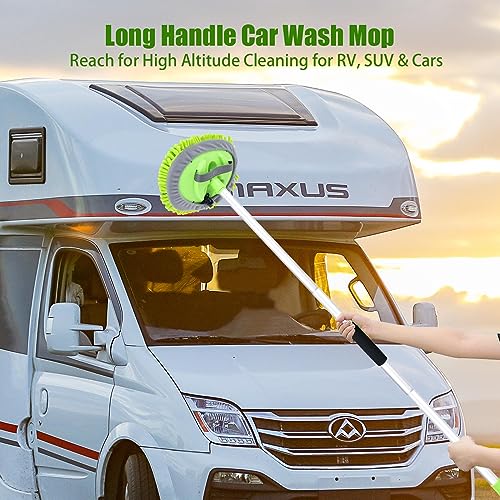 62" Car Wash Brush with Long Handle and Car Wash Brush Microfiber Car Cleaning Brush Kit for Car RV Truck Cleaning 1 Chenille Scratch-Free Replacement Head with Aluminum Alloy Pole (Green) - color: Green