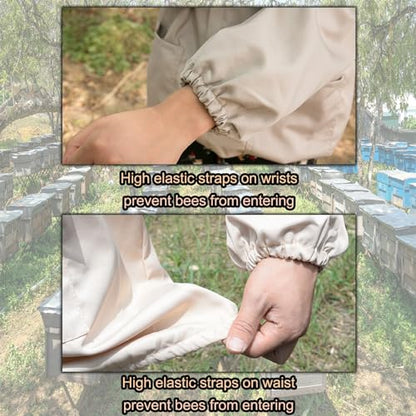 Bee Suit Beekeeper Jacket Long Sleeve Hood Pull Over, White Beekeeping Suit, with Hat Veil, Smock Protective Suit