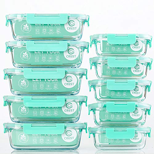 C CREST [10-Pack] Glass Food Storage Containers with Lids, Airtight, BPA Free, Meal Prep Containers for Kitchen, Home Use - color: Light Green