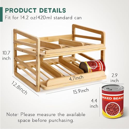 Yumkfoi Rolling Bamboo Can Organizer Rack, Stackable Double-Layer Can Organizers and Storage For Pantry, Canned Goods Holder Dispenser For Countertop Kitchen Cabinet or Pantry Shelf - style: For 24 cans with rolling filling design