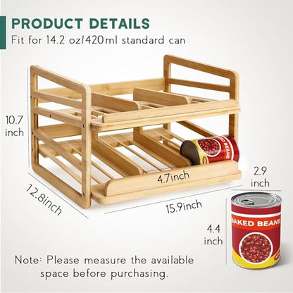 Yumkfoi Rolling Bamboo Can Organizer Rack, Stackable Double-Layer Can Organizers and Storage For Pantry, Canned Goods Holder Dispenser For Countertop Kitchen Cabinet or Pantry Shelf - style: For 24 cans with rolling filling design