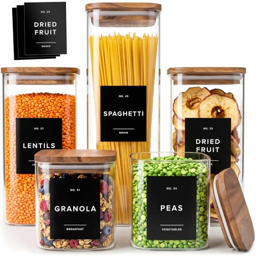 EDELHAUS Glass Storage Containers with Acacia Lids and Labels - Set of 5 | Extra Thick Square Glass Canisters with Acacia Wood Lids and 54 Pre-printed Pantry Labels keeps dry Goods Fresh and Organized