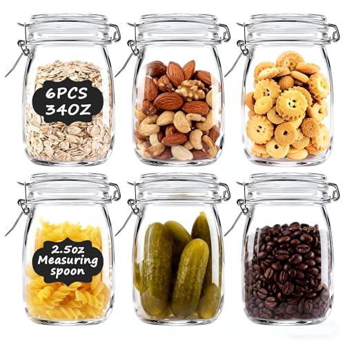 6PCS Glass Jars with Airtight Lid, 34 OZ Mason Jars Wide Mouth, Glass Pickling Jars for Canning & Fermenting, Mason Storage Container for Coffee, Flour, Sugar, Pasta - color: 32OZ-6PCS Round
