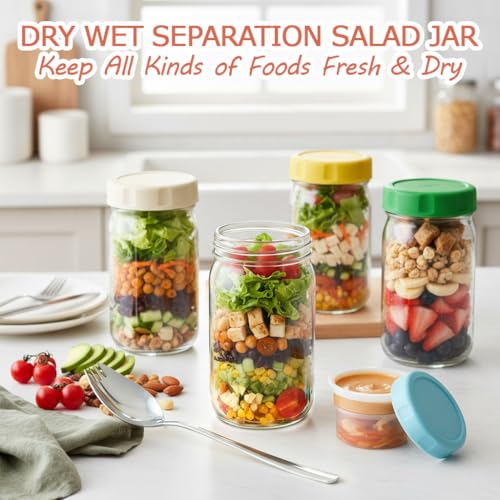 Glass Salad Jars 32oz 4-Pack with Dressing Cup | Leakproof, wet/dry separation, airtight mason jars, meal prep containers, portable lunch container, office travel