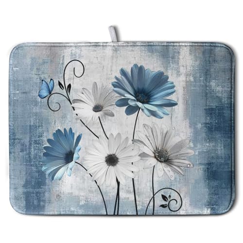 Dish Drying Mat for Kitchen Counter 18x24 Inch Blue Grey Daisy Drying Pads Rustic Vintage Floral Dish Dry Mat Microfiber Absorbent Farmhouse Dish Drainer Mat Flowers Dish Drainer Rack Mat - color: Blue Grey Daisy, size: 18" x 24"