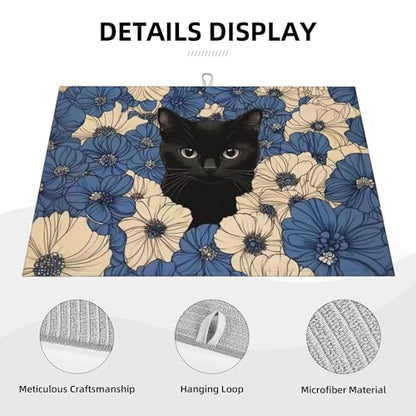 Black Cat Dish Drying Mat for Kitchen Counter Microfiber Super Absorbent Non-Slip Dish Drying Pad for Countertops Dishes Utensils Stylish Quick-Dry Machine Washable 18x24 Inch - color: Black Cat