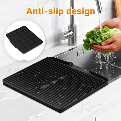 Silicone Dish Drying Mat for Kitchen counter, 15.8"x13" 2Pcs Extra Large Non-Slip Drain Pad with Built-in Drainage, Heat Resistant Dishwasher Safe, Black - color: Black-2pcs, size: 15.8" x 13"