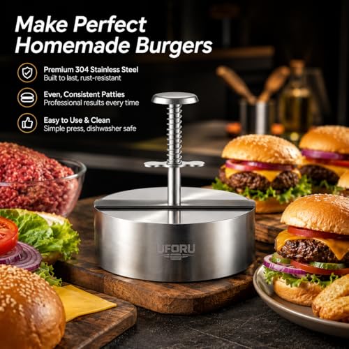 UFORU 4.5 Inch Burger Press,304 Stainless Steel Hamburger Patty Maker,Heavy Duty Non-Stick Patty Press,Spring Back Design,Dishwasher Safe Burger Maker for Smash Burgers Ground Beef,BBQ,Kitchen - size: 4.5inch