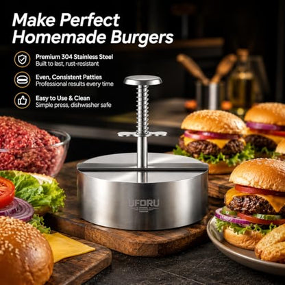 UFORU 4.5 Inch Burger Press,304 Stainless Steel Hamburger Patty Maker,Heavy Duty Non-Stick Patty Press,Spring Back Design,Dishwasher Safe Burger Maker for Smash Burgers Ground Beef,BBQ,Kitchen - size: 4.5inch