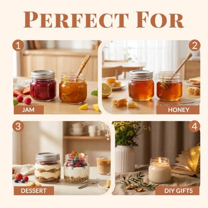 CycleMore 24 Pcs 8oz Clear Glass Mason Jars With Regular Silver Separable Lids, 250ml Round Spice Canning Jars for Honey, Jam, Herb, Wedding Favors, Kitchen Storage, DIY Souvenir - size: 8oz - 24 Pack