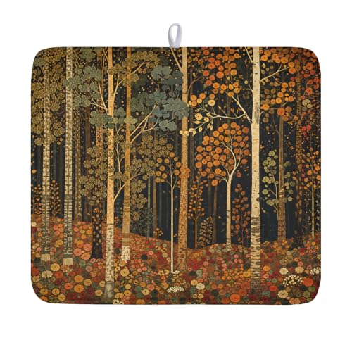 Fall Dish Drying Mat for Kitchen Counter Autumn Forest Vintage Botanical Nature Microfiber Dish Drainer Mat Antique Rustic Farmhouse Absorbent Washable Drying Pad 16"x18" - color: Fall Forest, size: 18" x 16"