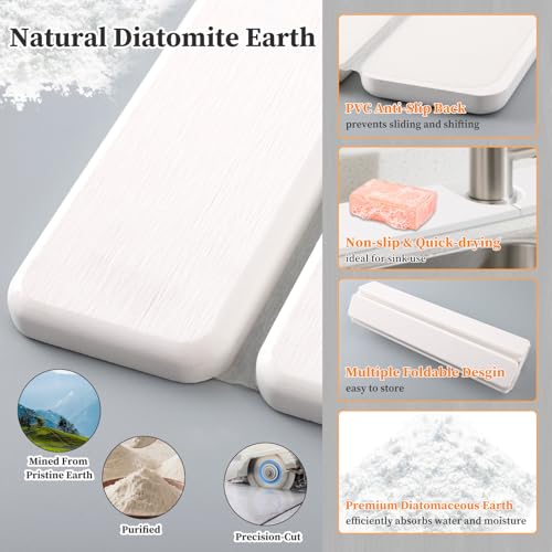 Diatomaceous Stone Drying Mat for Kitchen Counter with Sink Faucet Mat, White Absorbent Quick Dry Dish Drying Mat Set, Diatomite Stone Slat Countertop Pad for Dishes, Cups - color: White
