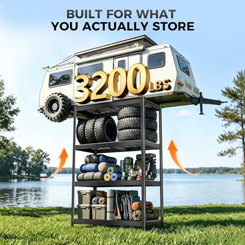 CAMMOO 40''W Storage Shelves, 3200LBS Metal Garage Shelving Unit with Magnetic Lable, Upgraded Structure, Solid Steel, Heavy Duty Adjustable 4 Tier Wire Shelf for Basement, Kitchen, 40"W x 20"D x 60"H - size: 40"W x 20"D x 60"H