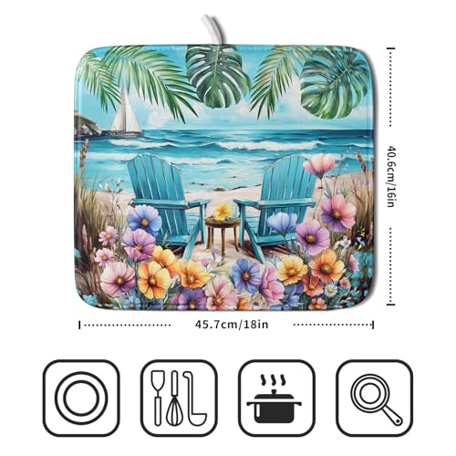 Spring Summer Sea Chair Dish Drying Mat for Kitchen Counter,Coastal Beach Palm Leaf Flowers Drying Mat 16 x 18 Inch with Absorbent Reversible Microfiber Drying Pad for Coffee Bar - size: 16" x 18"