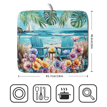 Spring Summer Sea Chair Dish Drying Mat for Kitchen Counter,Coastal Beach Palm Leaf Flowers Drying Mat 16 x 18 Inch with Absorbent Reversible Microfiber Drying Pad for Coffee Bar - size: 16" x 18"