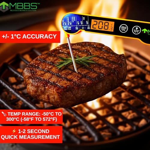 Instant Read Meat Thermometer for Cooking | Waterproof IP67 & Ultra Fast | Digital Food Thermometer for Grill, Kitchen, BBQ Smoker,(∘C/∘F Switchable) - color: Orange