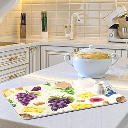 Cheese Grapes Barrel Beige Dish Drying Mat for Kitchen Counter Super Absorbent Draining Mat with Non-slip Backed Dish Drying Pad for Countertops Sinks Draining Racks Dish Bottles Cups Bowl